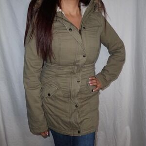 Hollister Green Parka Jacket with Fur Hood